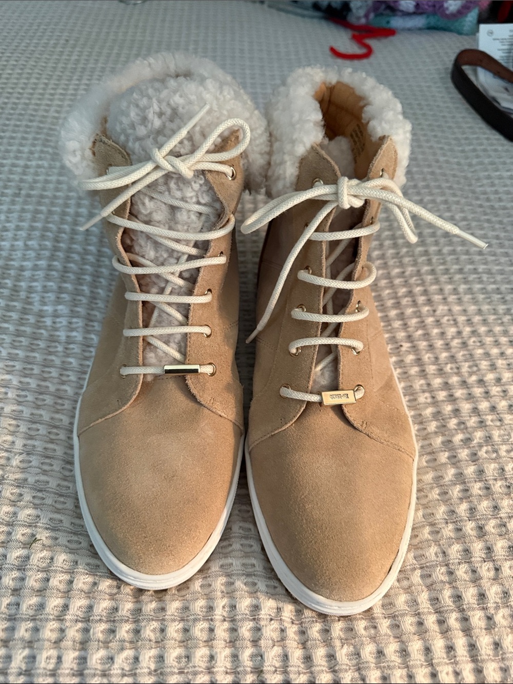 Donald J. Pliner Tan Suede Lace-Up Shearling Ankle Boots in size 7.5.